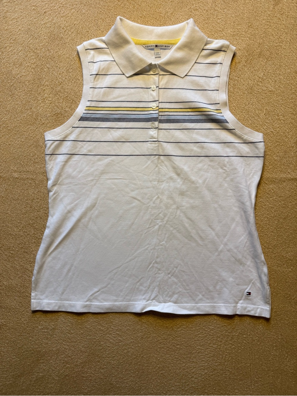 Tommy Hilfiger White Sleeveless Polo Tank with Navy and Yellow Stripes
